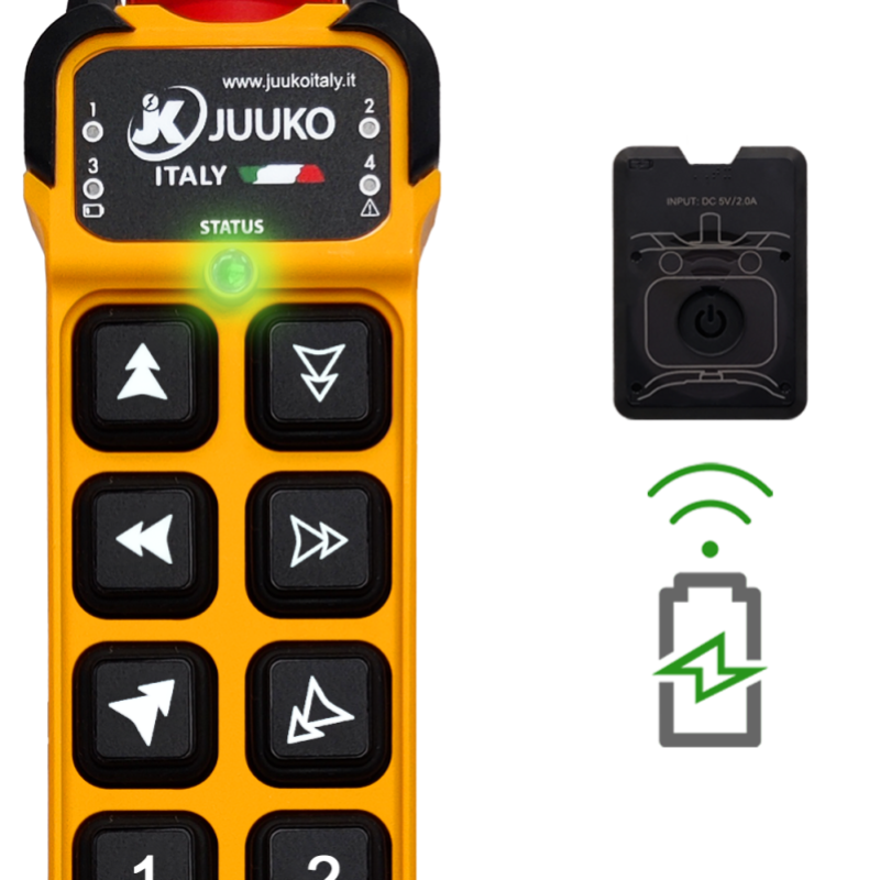 JK808 QI radio remote control, 8 double step pushbuttons, emergency mushroom and status LED with wireless charging. Configuration from 2 to 16 pushbuttons in according to your needs.